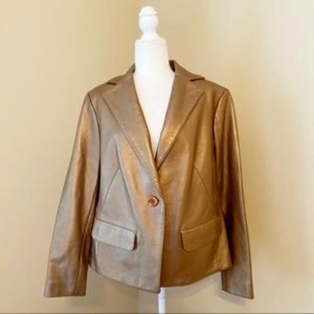 Nine West 100% Leather Matte Gold Blazer Jacket - 1X